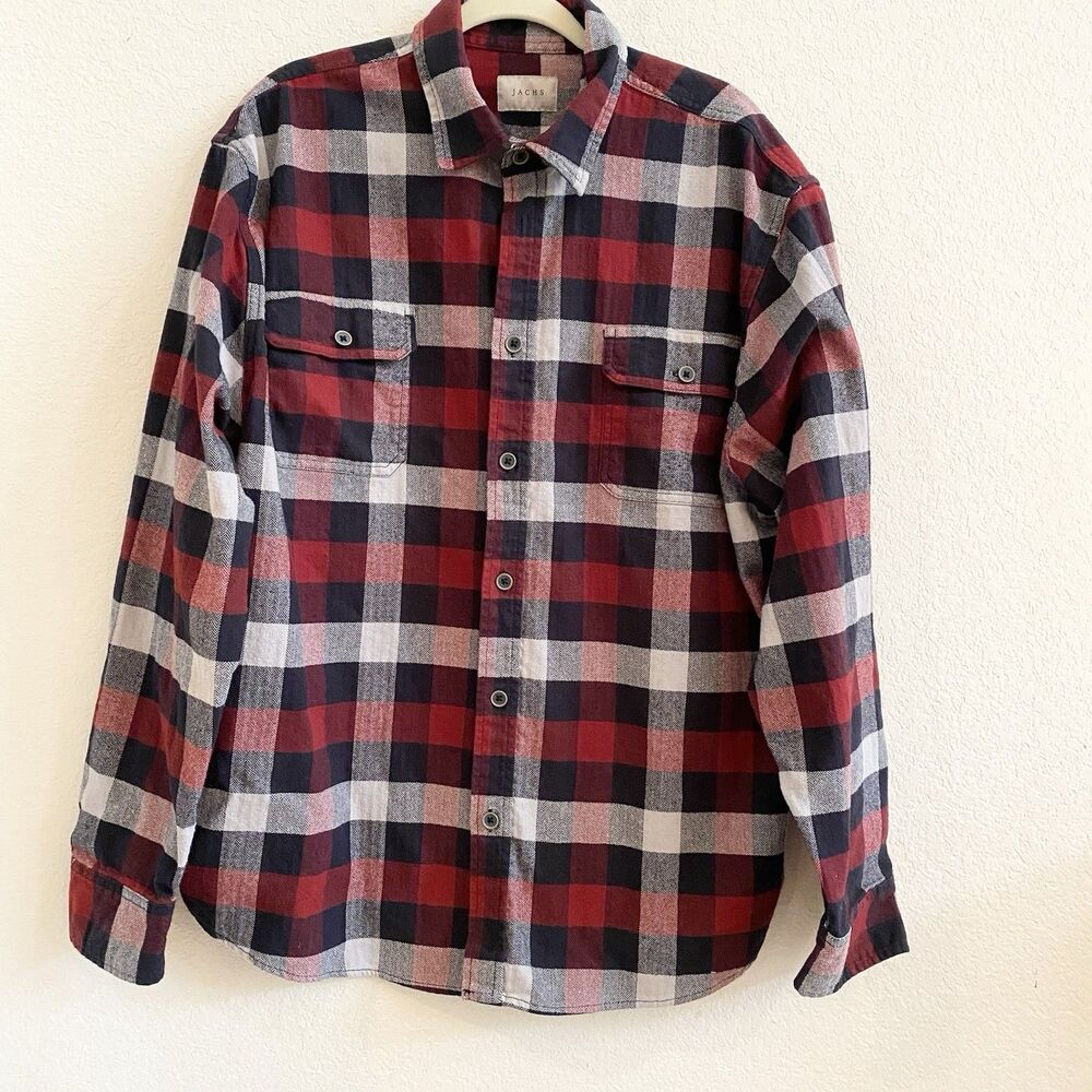 Jachs‎ New York Mens XL Shirt Red Black Buffalo Plaid 100% Cotton Button Down
